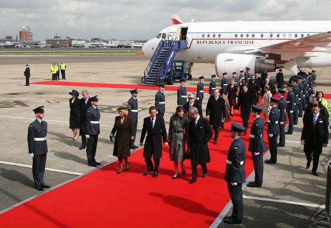 French President Nicolas Sarkozy and his wife, Carla Bruni-Sarkozy, are greeted by Charles and Camilla after arriving in England in March 2008.