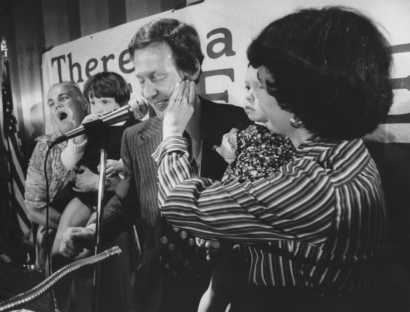 McConnell's first wife, Sherrill Redmon, wipes away lipstick after she gave her husband a congratulatory kiss in November 1977. He had just won a race to be the judge-executive in Jefferson County, Kentucky. He served in that role until 1985.