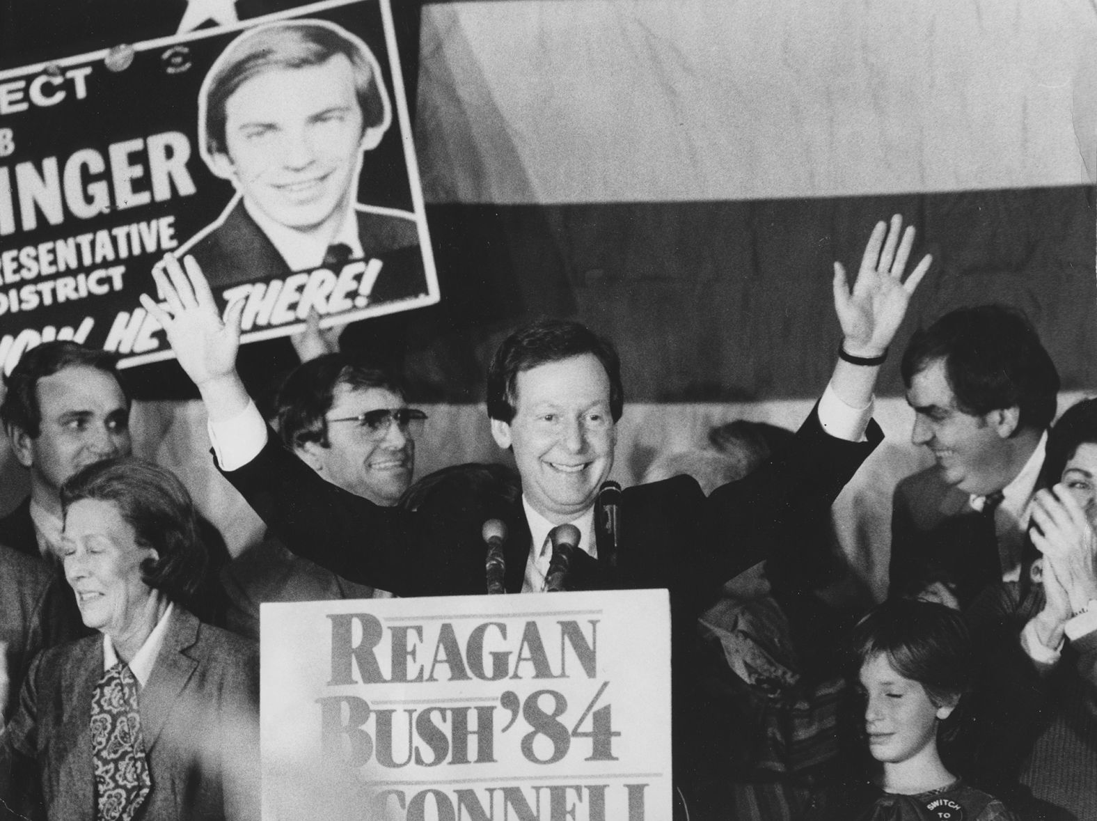 McConnell celebrates after he defeated incumbent Walter "Dee" Huddleston for a US Senate seat in November 1984.