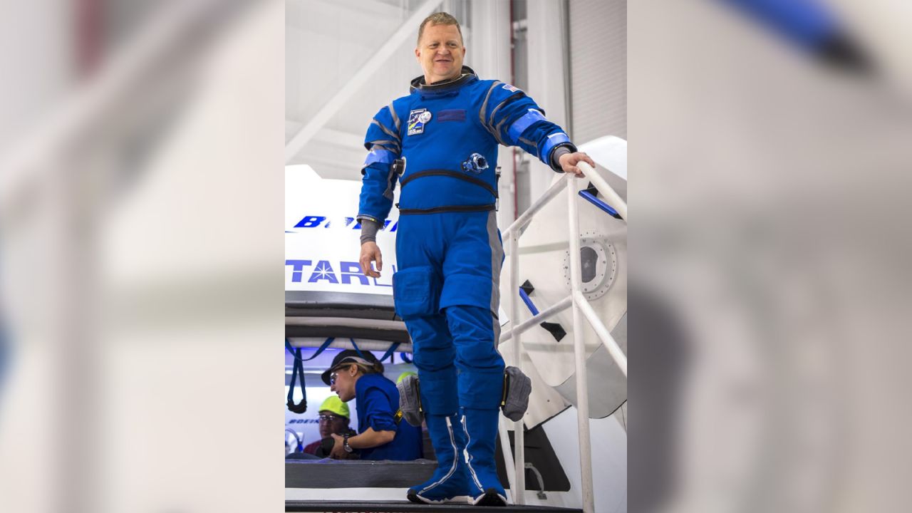 NASA astronaut Eric Boe wears Boeing's new spacesuit designed for astronauts who will fly on the CST-100 Starliner. The suit is lighter and more flexible than previous spacesuits but retains the ability to pressurize in an emergency. Astronauts will wear the suit throughout the launch and ascent into orbit, as well as on the way back to Earth.