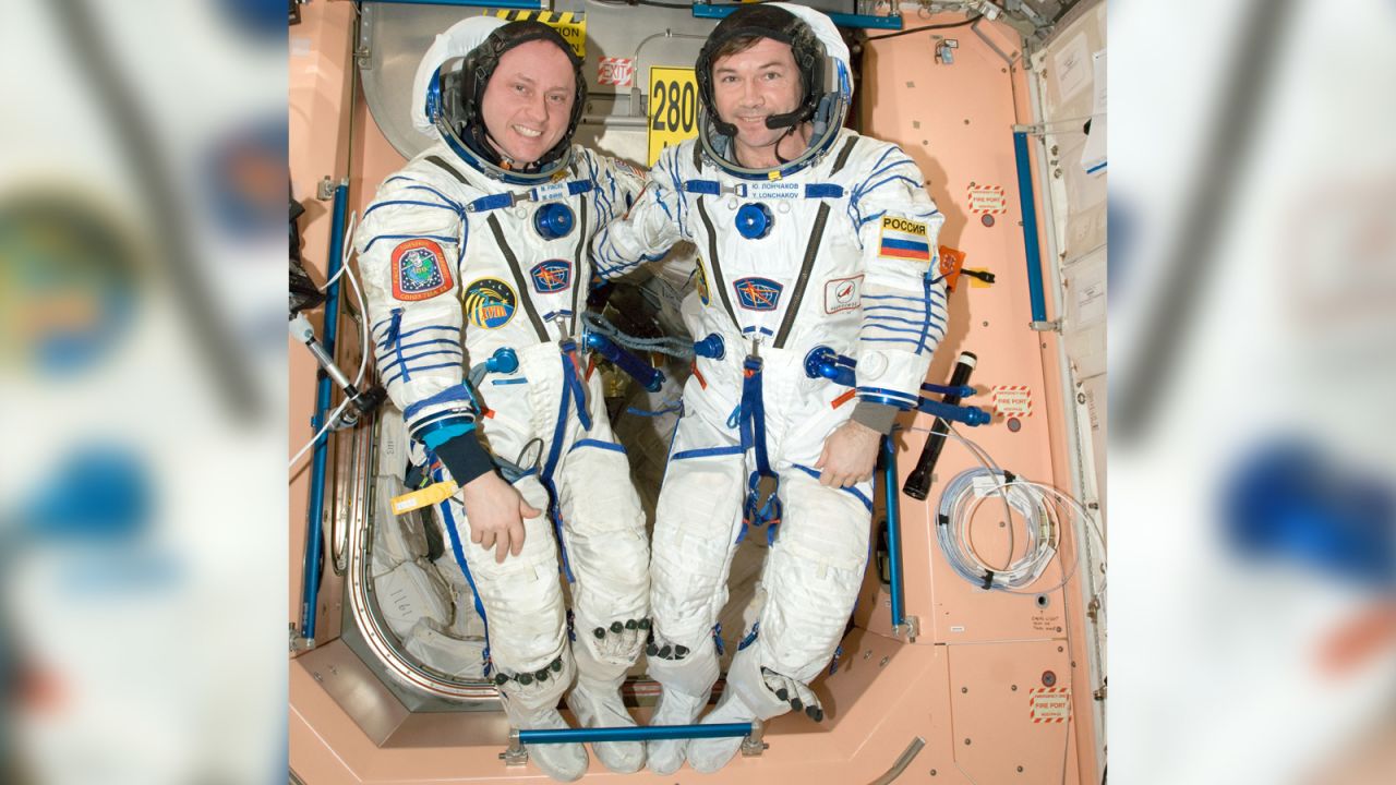 NASA astronaut Michael Fincke (left), Expedition 18 commander; and cosmonaut Yury Lonchakov, flight engineer, attired in Russian Sokol flight suits, pose in the Unity node of the International Space Station in this photo from March 26, 2009.