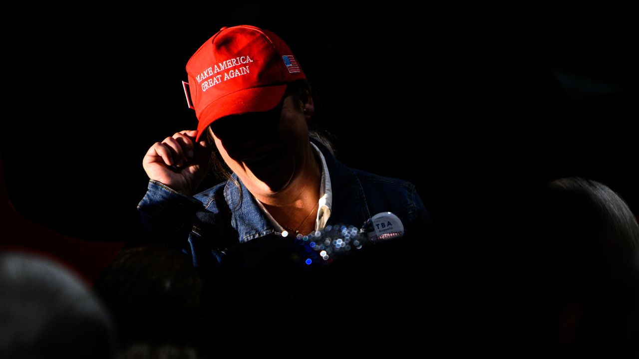 A supporter wears a "Make America Great Again" hat at a rally for Oregon gubernatorial candidate Christine Drazan on October 18, 2022, in Aurora, Oregon.