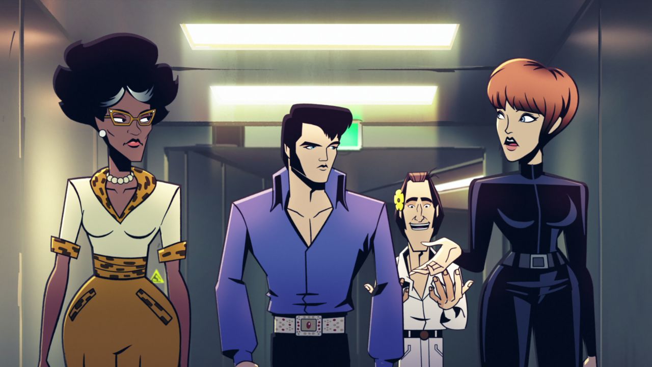 Bertie (voiced by Niecy Nash), Elvis (Matthew McConaughey), Timothy Leary (Chris Elliott) and Cece (Kaitlin Olson) in the Netflix comedy "Agent Elvis."