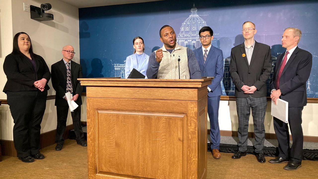 Elizer Darris, co-executive director of the Minnesota Freedom Fund, speaks at a news conference at the Minnesota state Capitol in St. Paul on January 9.