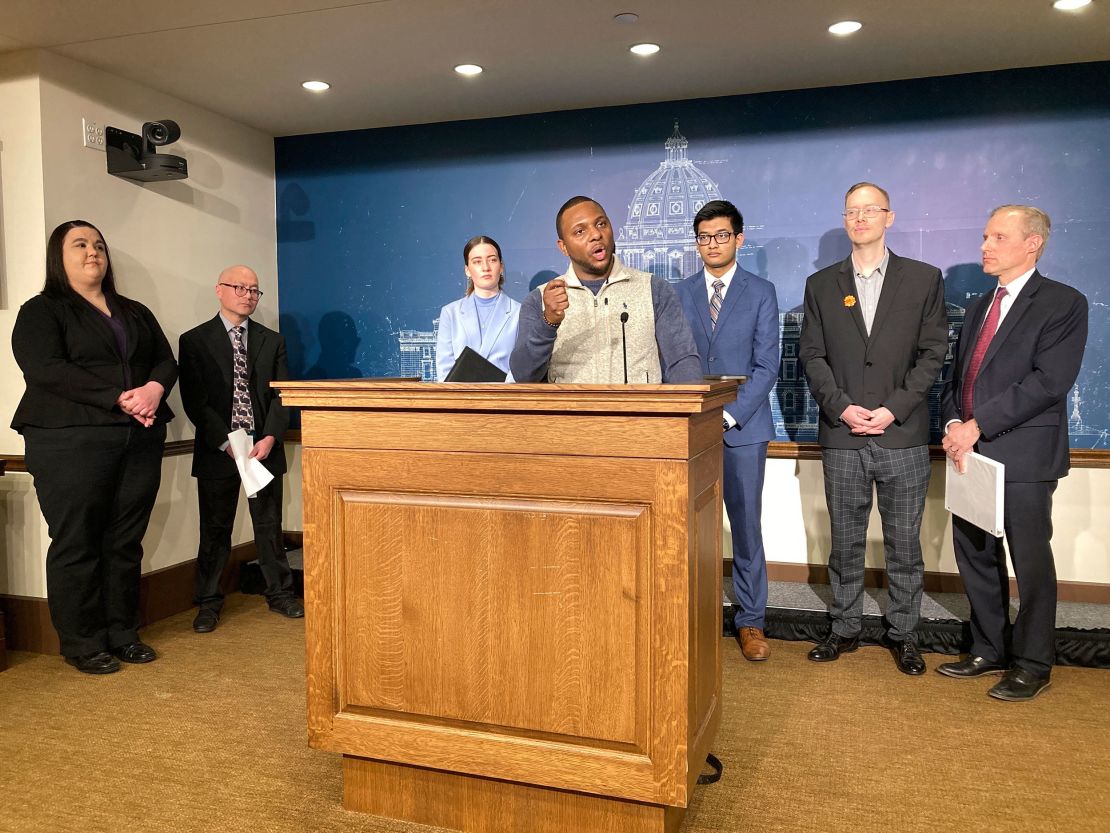 Elizer Darris, co-executive director of the Minnesota Freedom Fund, speaks at a news conference at the Minnesota state Capitol in St. Paul on January 9.