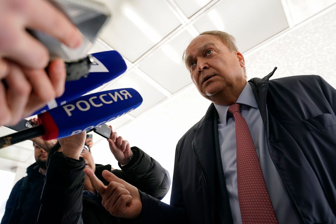 Anatoly Antonov, Russian ambassador to the United States, speaks with reporters after meeting with Assistant Secretary of State for Europe Karen Donfried at the US State Department in Washington, March 14, 2023. 