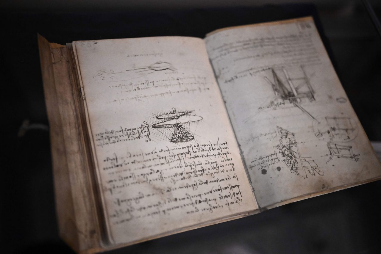A Leonardo da Vinci notebook, pictured in Villa La Loggia, Florence on March 14, 2023 