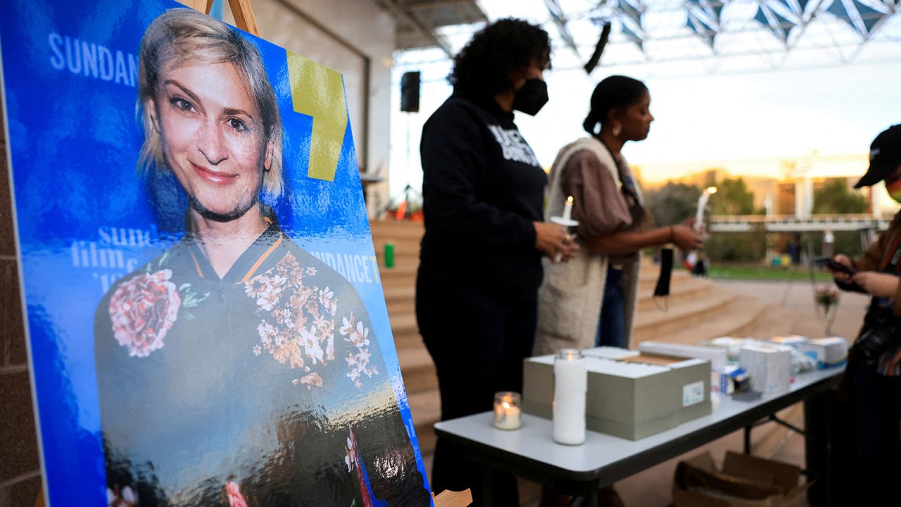 An image of cinematographer Halyna Hutchins, who died after being accidentally shot by Alec Baldwin on the set of his movie 'Rust,' at a vigil in New Mexico in October 2021.