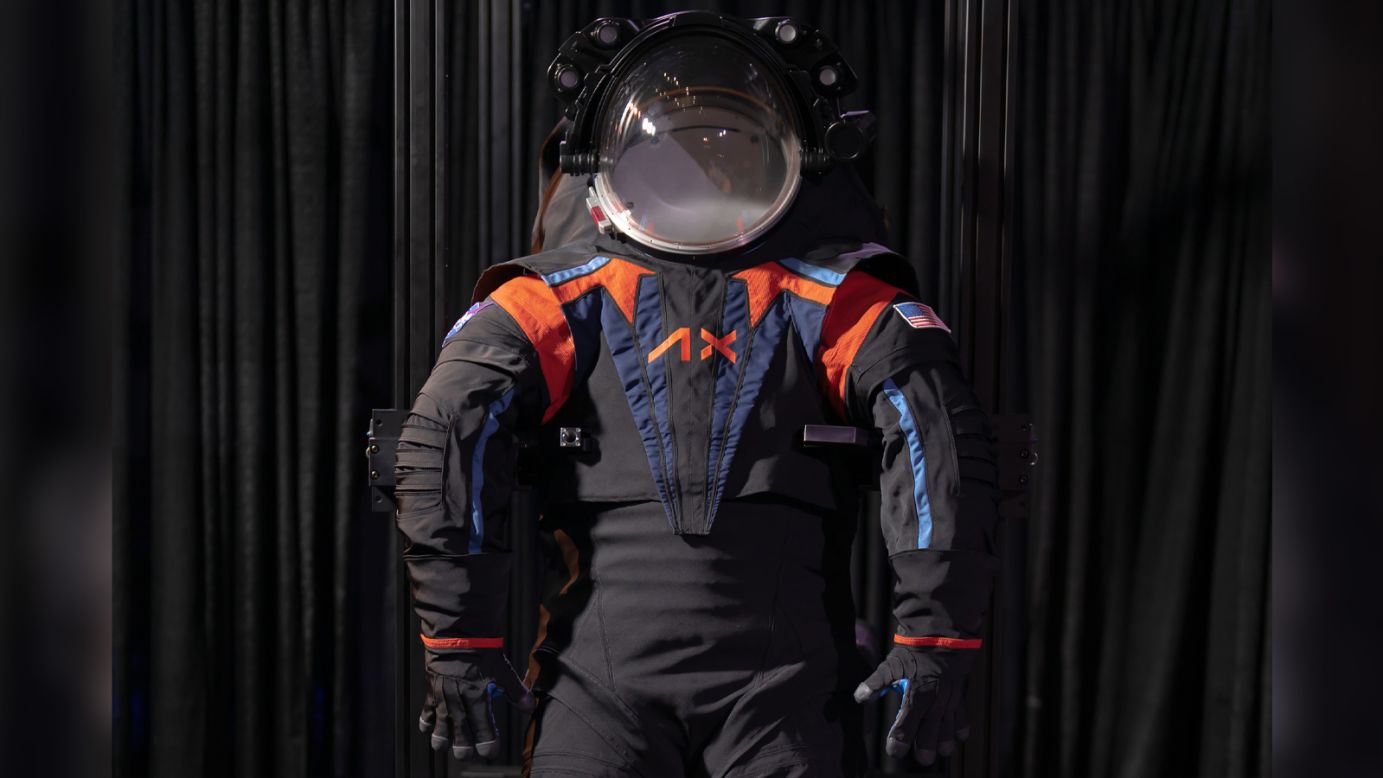 The AxEMU Spacesuit, developed by Axiom Space, builds on the technology NASA incorporated into its xEMU prototype. The AxEMU, shown here with a black cover, were unveiled during an event on March 15, 2023. The suits worn by astronauts during the Artemis III mission will be white.
