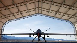 INDIAN SPRINGS, NV - NOVEMBER 17:  (EDITORS NOTE: Image has been reviewed by the U.S. Military prior to transmission.) An MQ-9 Reaper remotely piloted aircraft (RPA) is parked in an aircraft shelter at Creech Air Force Base on November 17, 2015 in Indian Springs, Nevada. The Pentagon has plans to expand combat air patrols flights by remotely piloted aircraft by as much as 50 percent over the next few years to meet an increased need for surveillance, reconnaissance and lethal airstrikes in more areas around the world.  (Photo by Isaac Brekken/Getty Images)