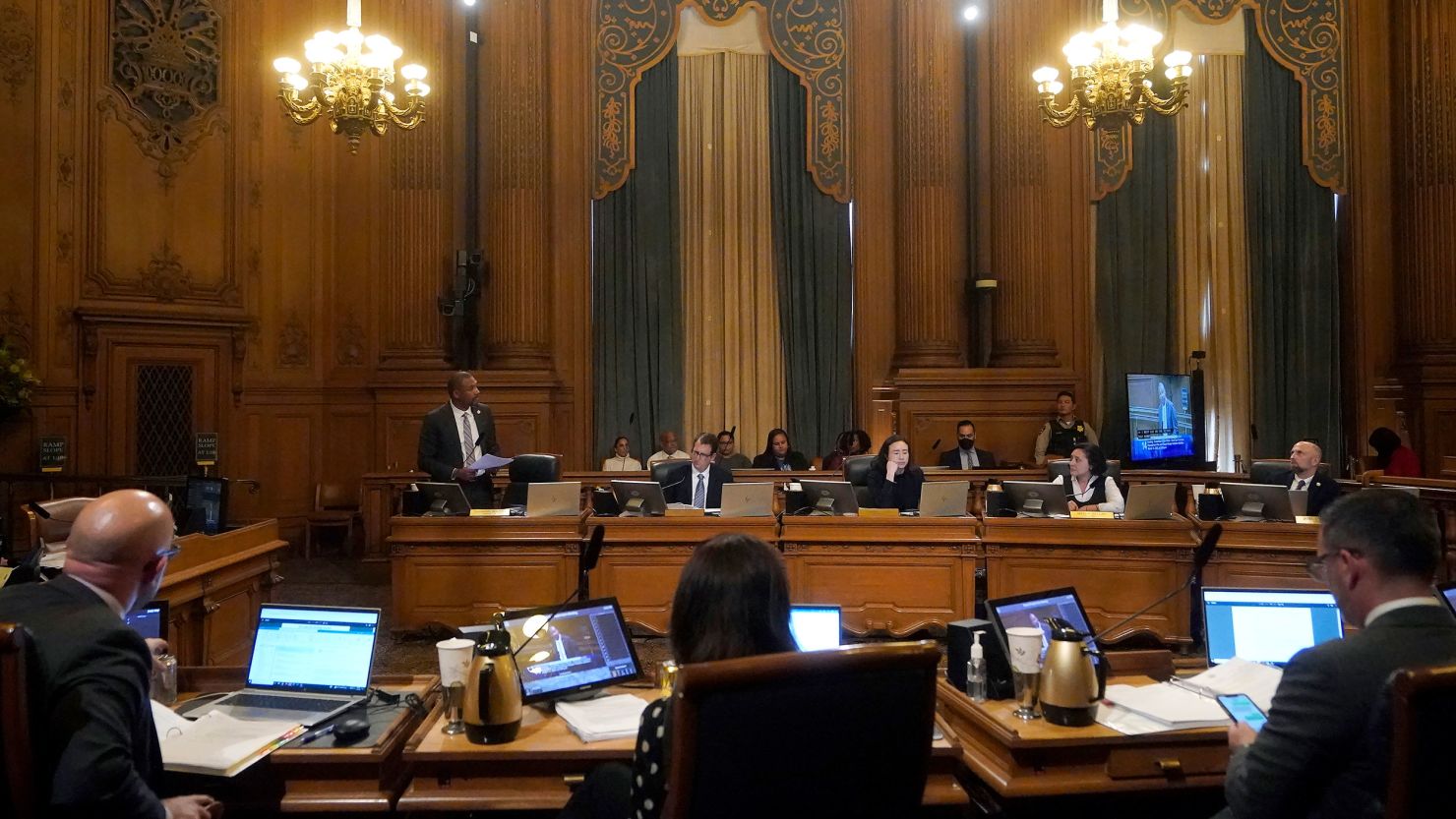 Supervisor Shamann Walton, middle left, speaks Tuesday at a special Board of Supervisors hearing about reparations in San Francisco.