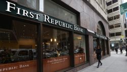 A pedestrian walks by the First Republic Bank headquarters on March 13, 2023 in San Francisco, California. 