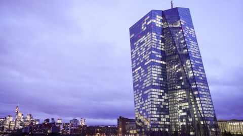 The headquarters of the European Central Bank (ECB) stands at twilight on February 2, 2023 in Frankfurt, Germany. 