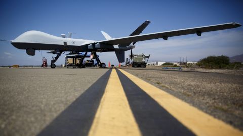 A General Atomics MQ-9 Reaper stands on the runway. A similar US MQ-9 drone was downed over the Black Sea this week. 
