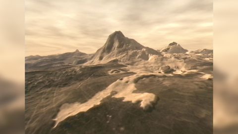 This rendering provides a 3D perspective of Venus' Maat Mons volcano.
