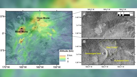 Altitude data (left) and a Magellan image of a crater (right) depict volcanic activity on Venus.