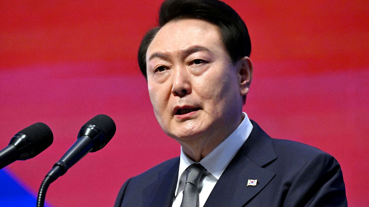 South Korea's President Yoon Suk Yeol speaks during a ceremony of the 104th anniversary of the March 1st Independence Movement Day against Japanese colonial rule, in Seoul on March 1, 2023. 