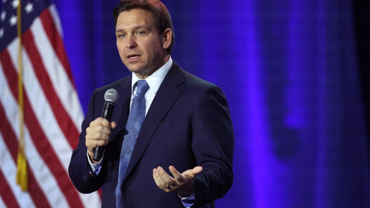 Florida Gov. Ron DeSantis speaks to voters gathered at the Iowa State Fairgrounds on March 10, 2023, in Des Moines.