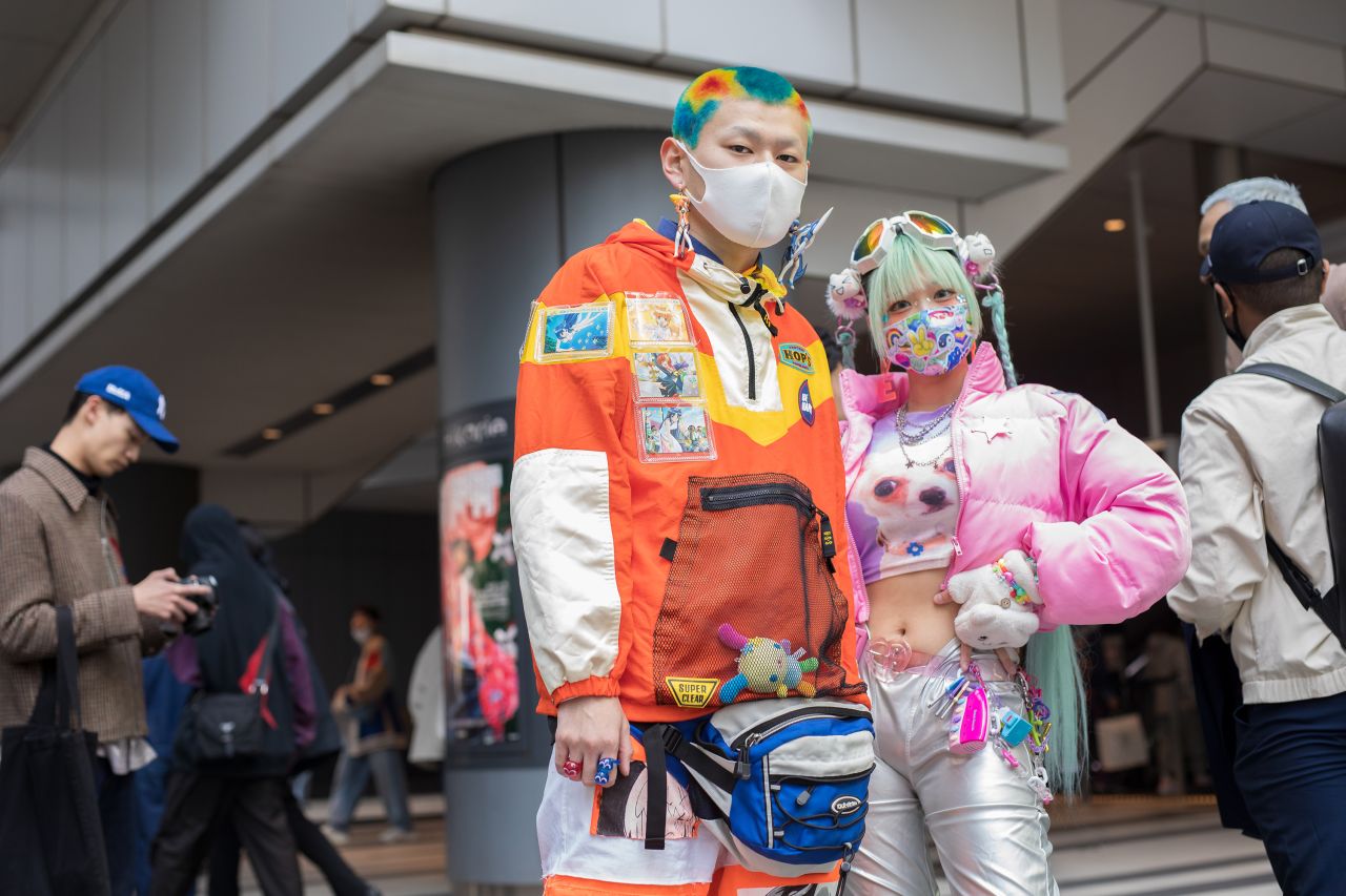 Tokyo Fashion Week is not shy of color, as demonstrated by this pair seen outside the Tender Person show on Wednesday.