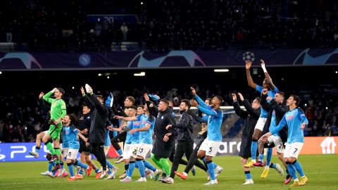 Napoli players celebrate beating Eintracht Frankfurt in the Champions League.