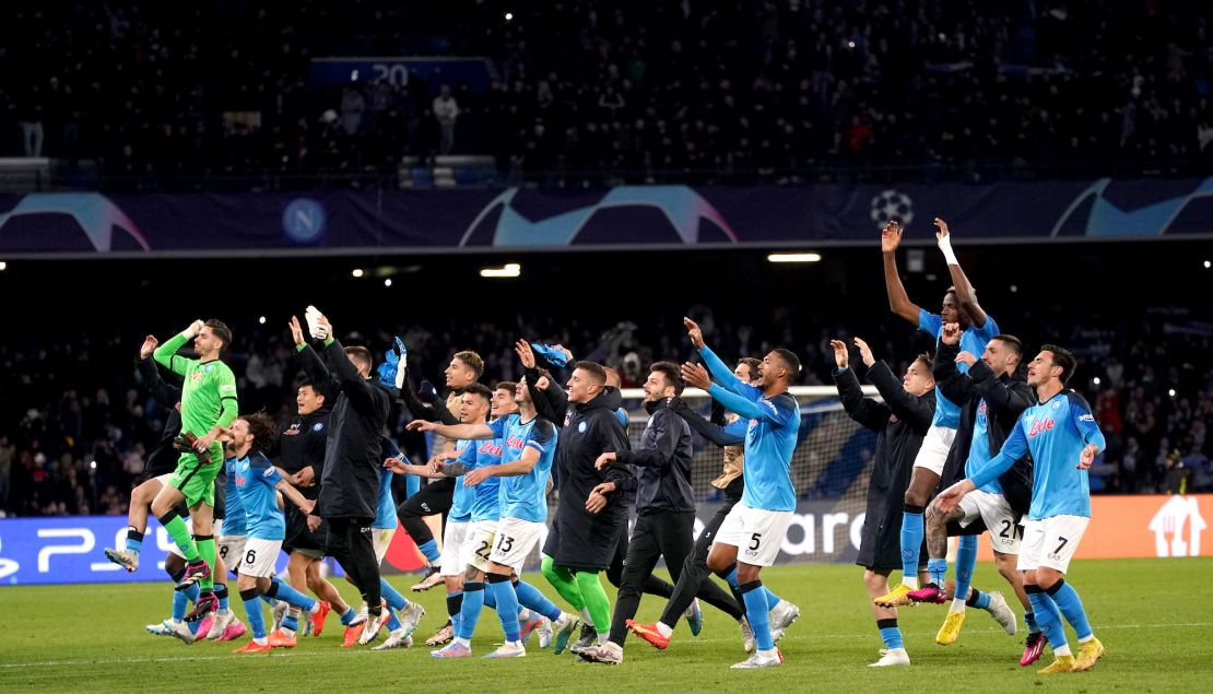 Napoli players celebrate beating Eintracht Frankfurt in the Champions League.