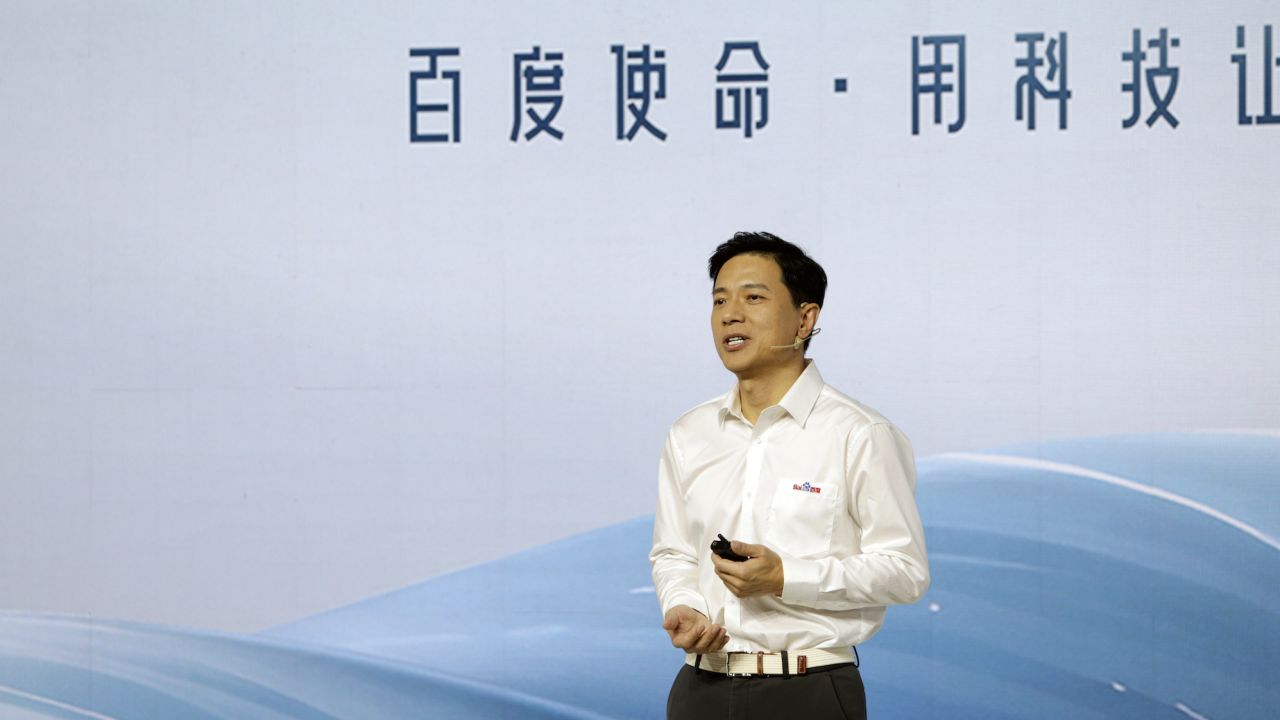 Baidu Chairman and CEO Robin Li presenting the company's AI chatbot, ERNIE Bot, in Beijing on March 16.