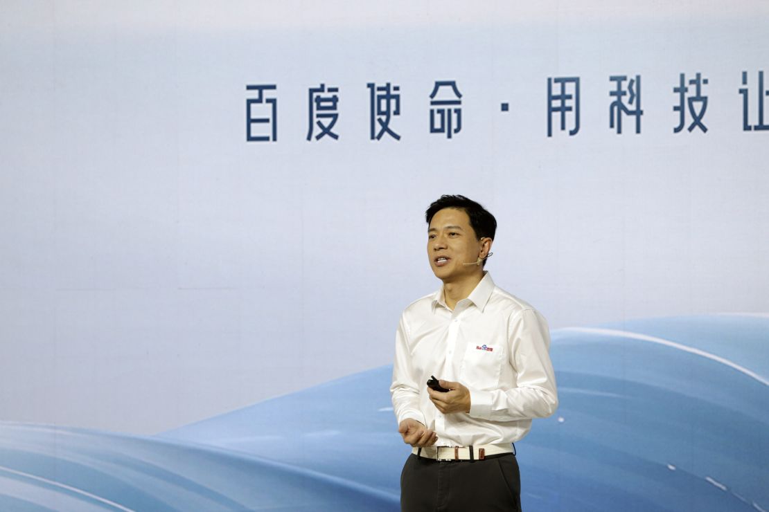 Baidu Chairman and CEO Robin Li presenting the company's AI chatbot, ERNIE Bot, in Beijing on March 16.