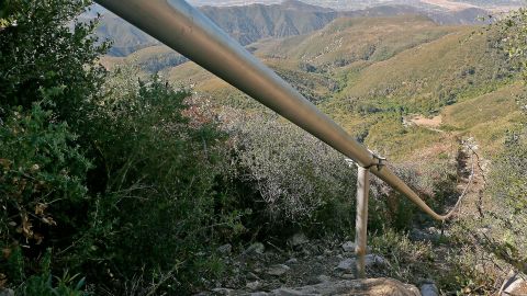 A pipeline carries water drawn from wells in the San Bernardino National Forest, Calif. 