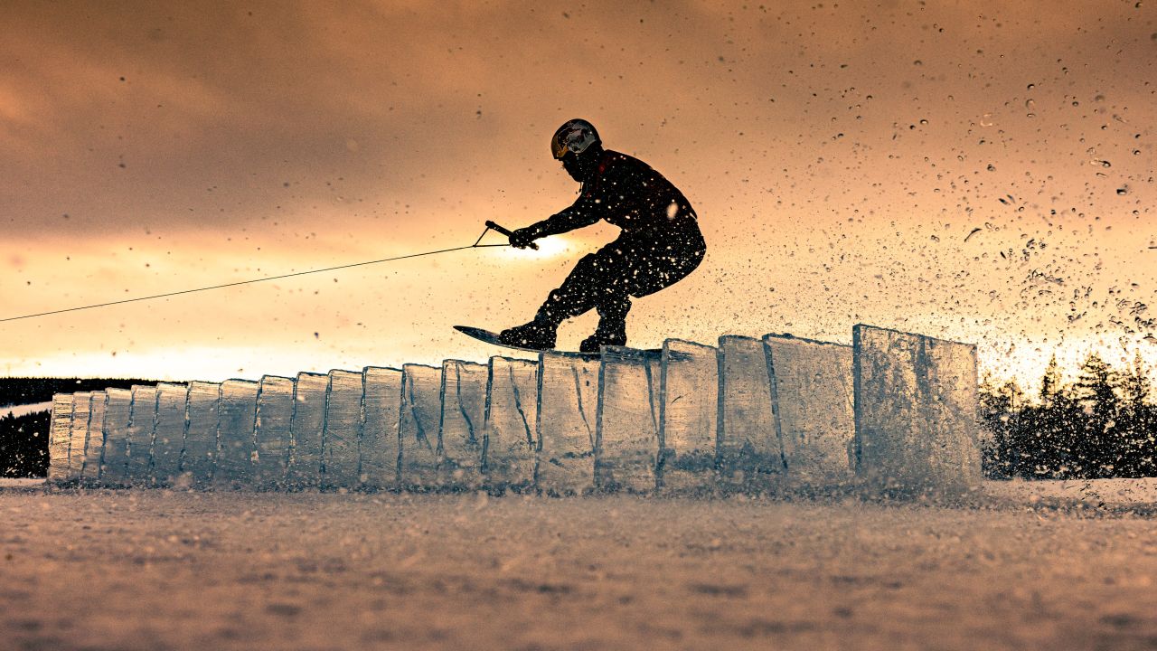 Felix Georgii wakeboards at the Frozen Wake Lake project in Jokkmokk, Sweden on February 12, 2023  // Lorenz Holder / Red Bull Content Pool // SI202302200446 // Usage for editorial use only // 
