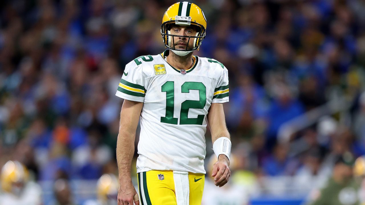 Rodgers looks on in the first half of a game against the Detroit Lions.