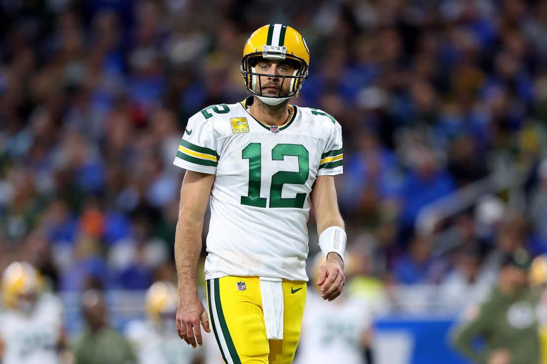 Rodgers looks on in the first half of a game against the Detroit Lions.