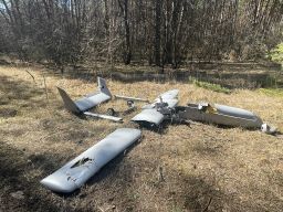 A Mugin-5, a commercial unmanned aerial vehicle (UAV) made by a Chinese manufacturer, is seen downed in eastern Ukraine.