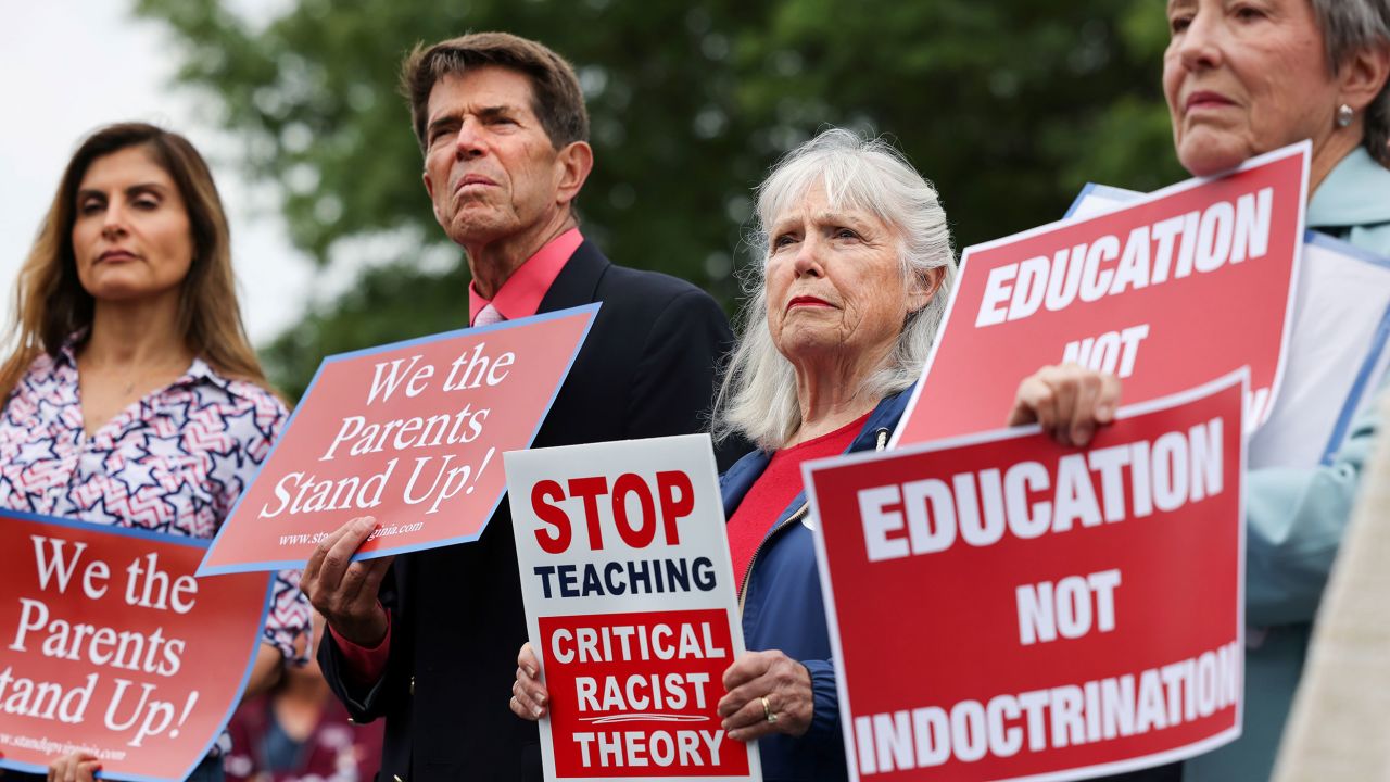 Opponents of the academic doctrine known as critical race theory protest outside the Loudoun County School Board headquarters in Ashburn, Virginia, on June 22, 2021.