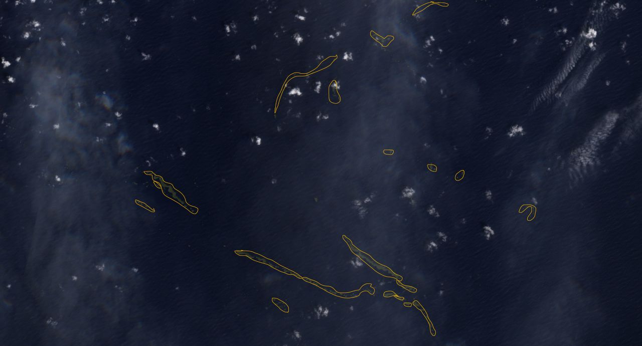 This satellite image, taken on March 11, shows blobs and strands of sargassum, some 12 miles long, in the Atlantic Ocean. The image was outlined by CNN to clarify the locations of the sargassum. 