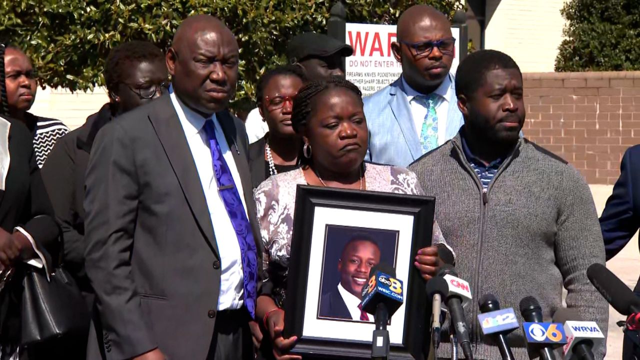 Attorney Ben Crump, left, attends a news conference alongside members of Irvo Otieno's family in Dinwiddie, Virginia, on March 16, 2023.