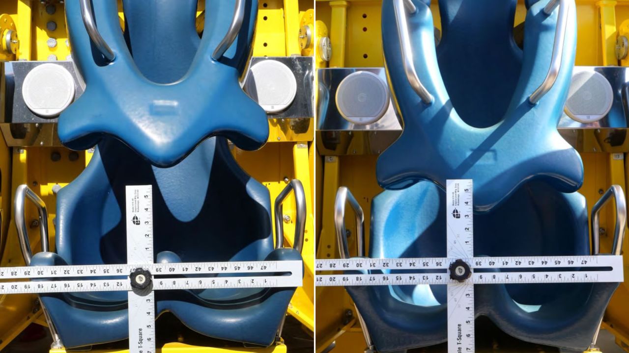 The restraint opening of the seat Tyre Samspon was sitting in is measure in the left image. The right image shows the restraint opening of seat 22 on the ride. 