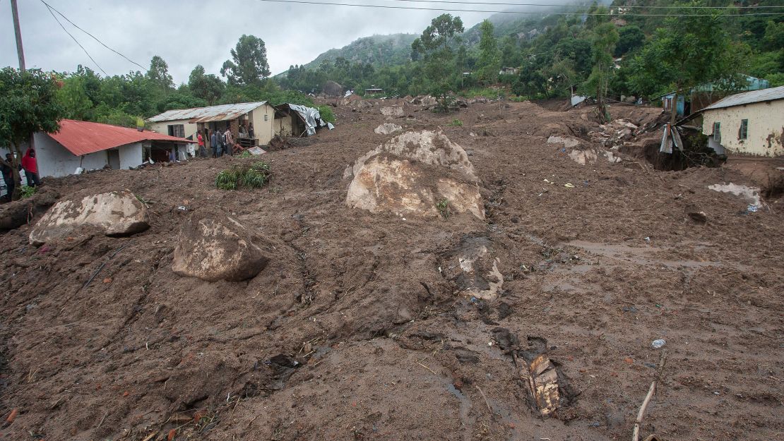 A general view of destruction caused by mudslide as Malawi Defence Force soldiers work to rescue victims in Blantyre, southern Malawi on March 16, 2023.
