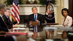 WASHINGTON - SEPTEMBER 17: White House national security advisor Stephen Hadley (2L) and Secretary of State Condoleezza Rice (R) listen to U.S. President George W. Bush (C) speak during a video teleconference to Iraq from the White House September 17, 2007 in Washington, DC. President Bush spoke with reconstruction and military leaders about progress in Iraq. (Photo by Brendan Smialowski-Pool/Getty Images)