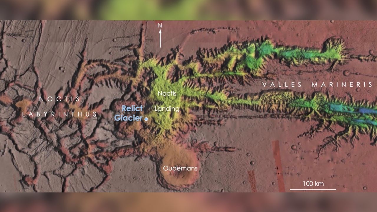 Peta menggambarkan tempat tinggalan glasier ditemui berhampiran khatulistiwa Marikh.