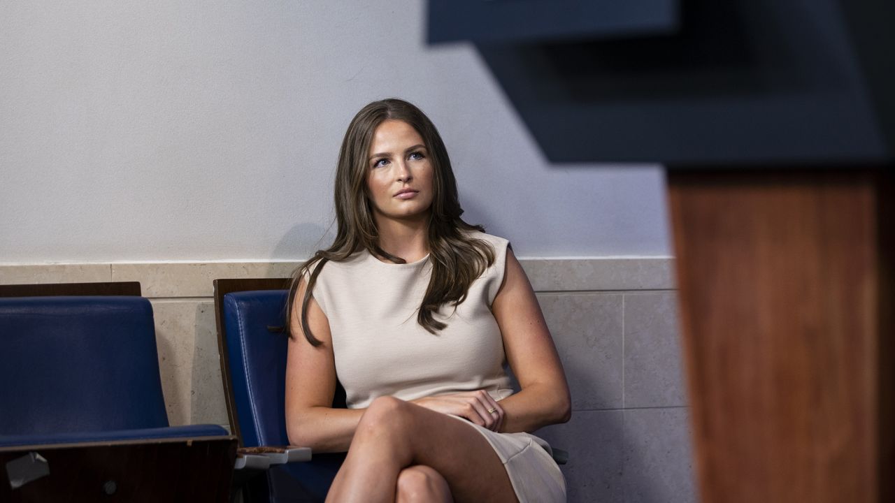 Margo Martin, White House press assistant, listens during a news conference in the James S. Brady Press Briefing Room at the White House in Washington, DC on Wednesday, July 8, 2020.