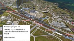 Google Earth image of runway 14 overlaid with incident airplanes flight path.