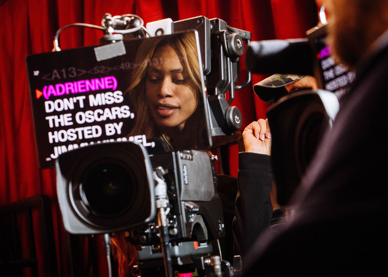 Laverne Cox is reflected in a teleprompter at a "Live From E!" rehearsal on the Academy Awards red carpet on Saturday, March 11, the day before the event.