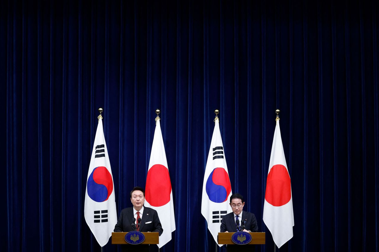 South Korean President Yoon Suk Yeol, left, and Japanese Prime Minister Fumio Kishida attend a joint news conference at the prime minister's official residence in Tokyo on Thursday, March 16. The two leaders promised to resume ties in <a href="https://www.cnn.com/2023/03/15/asia/south-korea-yoon-japan-visit-regional-security-int-hnk/index.html" target="_blank">a fence-mending summit</a> -- the first such meeting in 12 years -- as the two neighbors seek to confront threats from North Korea and rising concerns about China.