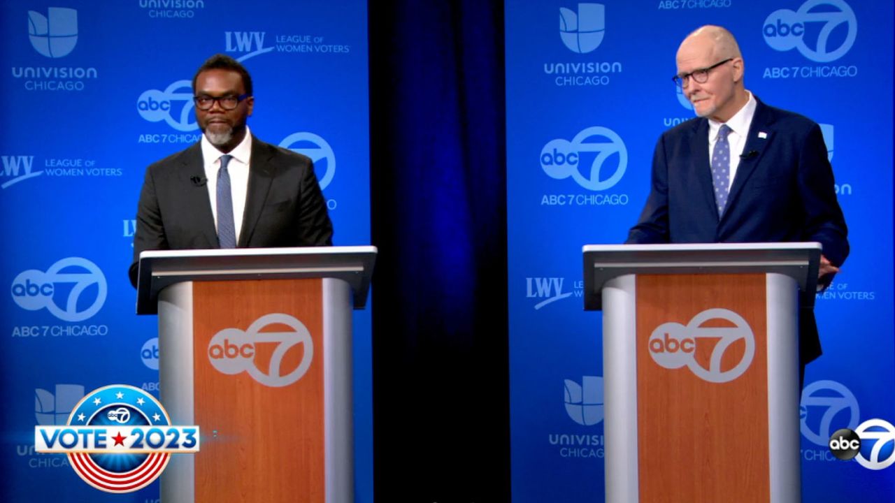 Chicago mayoral candidates Brandon Johnson, left, and Paul Vallas participate in a debate on Thursday, March 16, 2023.