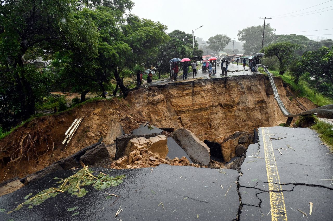A road connecting the cities of Blantyre and Lilongwe is damaged following heavy rains caused by Tropical Cyclone Freddy in Blantyre, Malawi, on Tuesday, March 14.