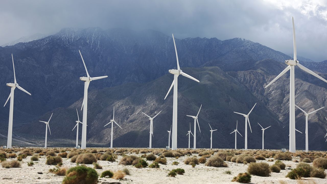 Wind turbines operate at a wind farm, a key power source for the Coachella Valley, on February 22, 2023 in Palm Springs, California. 