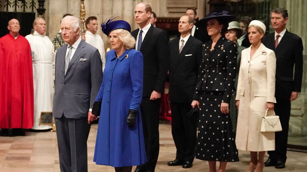 Britain's King Charles III leads members of the royal family into Westminster Abbey for the Commonwealth Day service ceremony on March 13.