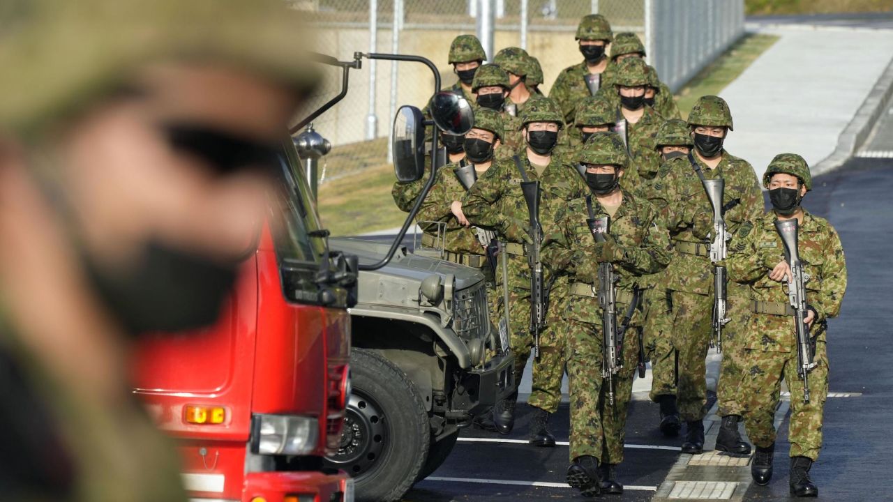 Japanese Ground Self-Defense Force personnel at a newly-opened garrison on Ishigaki island in Okinawa prefecture, southern Japan on March 16, 2023.