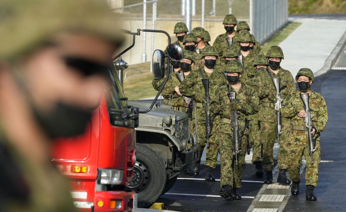 Japanese Ground Self-Defense Force personnel at a newly-opened garrison on Ishigaki island in Okinawa prefecture, southern Japan on March 16, 2023.