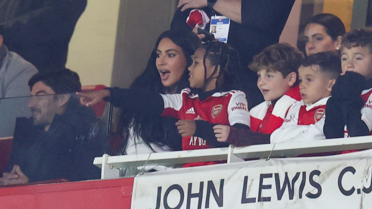 Kim Kardashian watches Arsenal's game against Sporting CP in the Europa League on March 16.